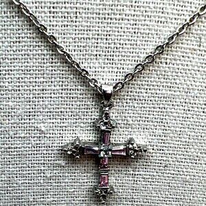 Vintage-Inspired Cookie Lee Cross Necklace With Pink & Clear Rhinestones. B76